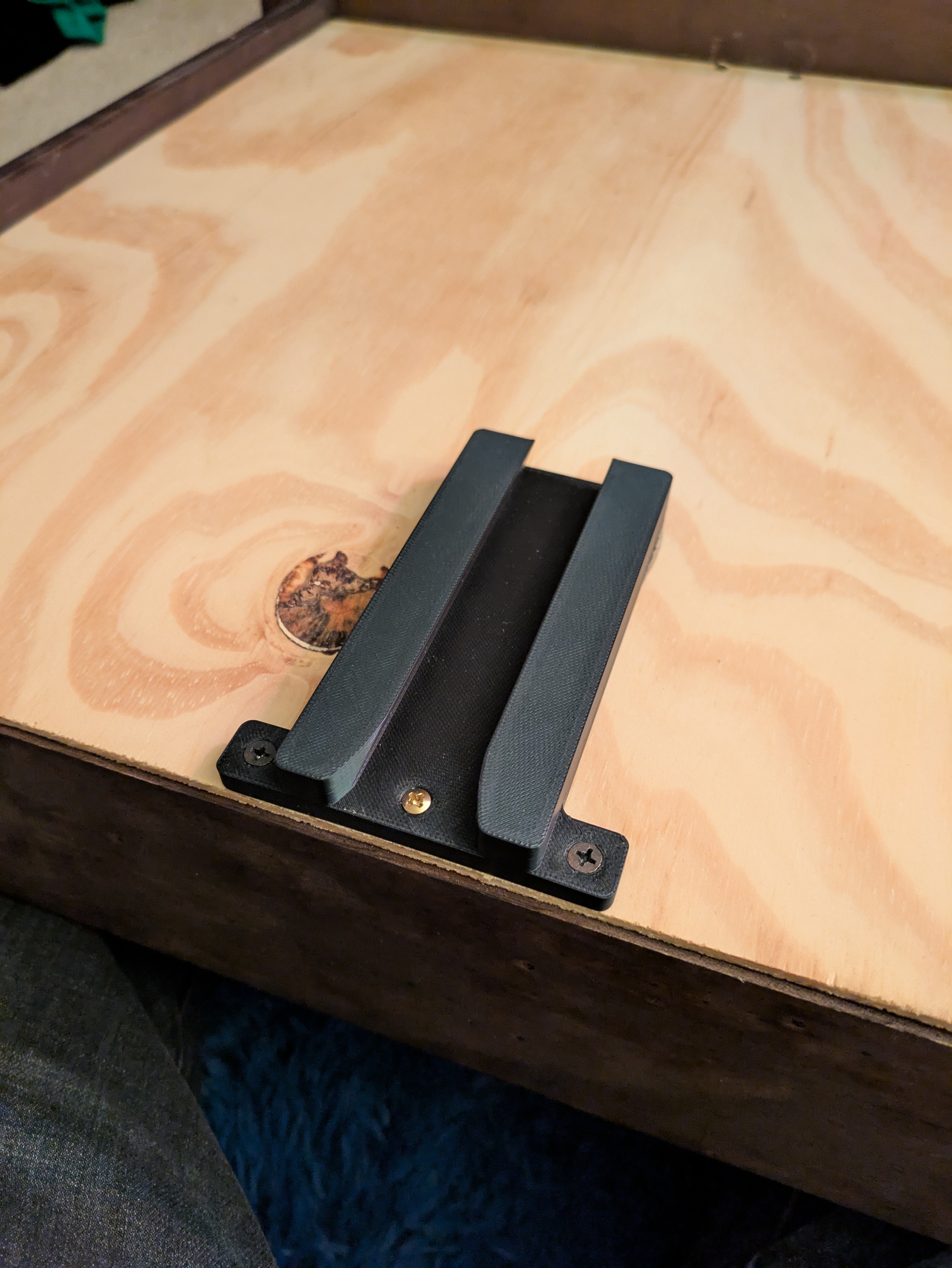 This one was a bit of a hack. The drawer bottom is very thin so I couldn’t screw anything to it. Instead I used some CA glue to attach it to the drawer bottom, then added the screws for extra strength where it will see the most stress anyway. The actual piece was full-length but I’m limited to 220mm max so we only did the back side of the drawer.
