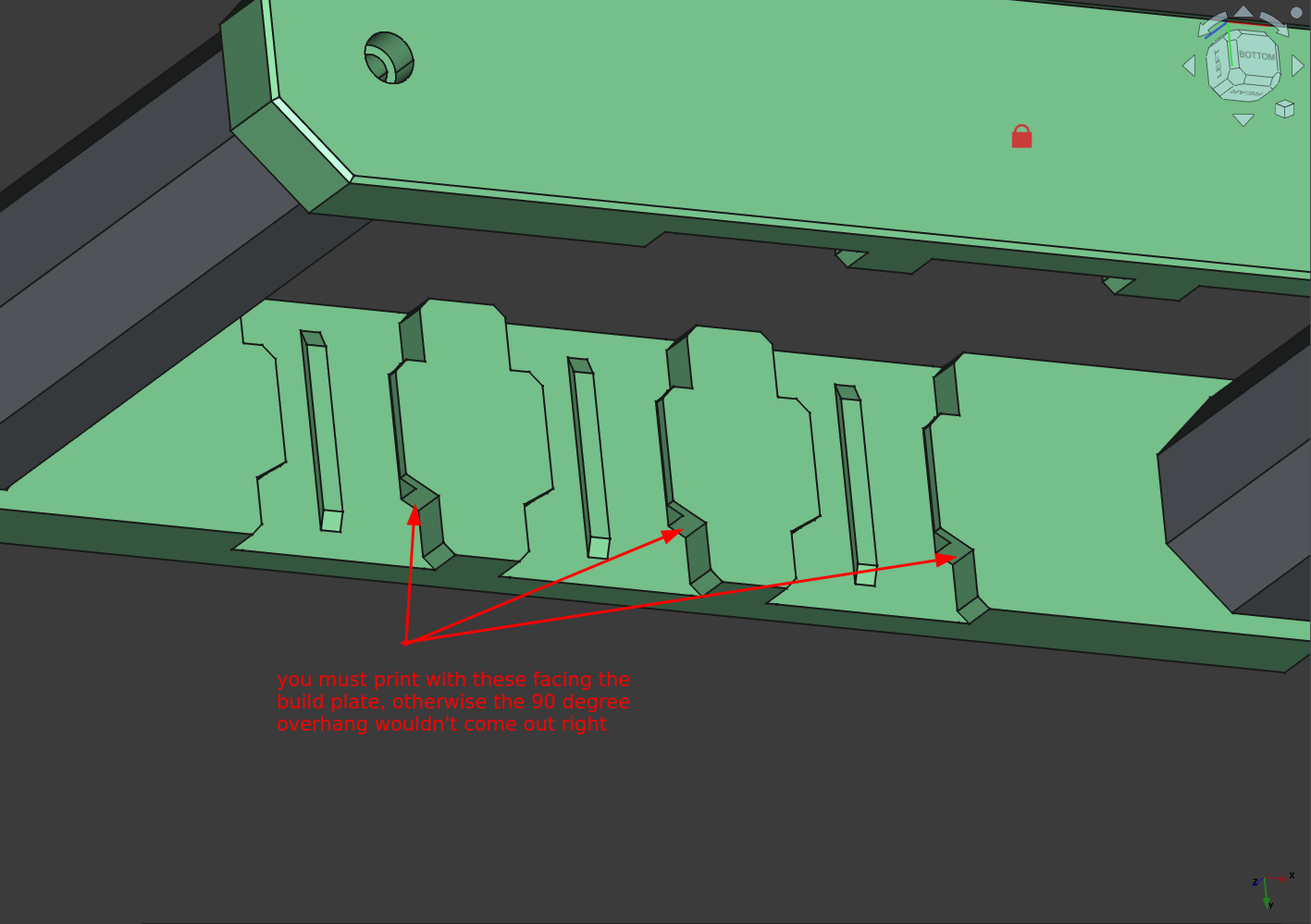 This was the most difficult part to get right. In order to create a mount that would snap into place, but also could easily be printed, I came up with this asymmetric design to allow for a secure-fitting mount that would print correctly.