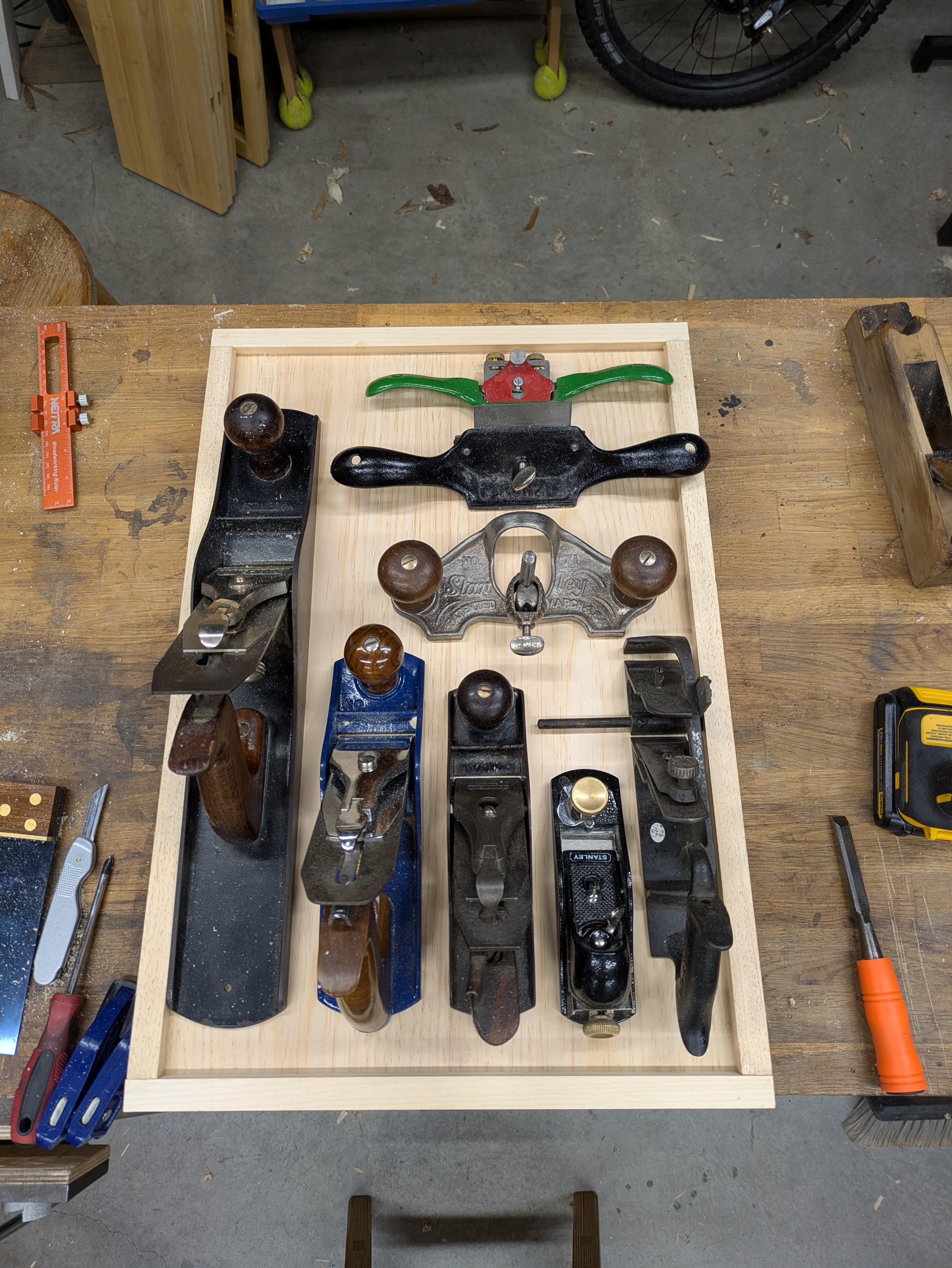 I wanted to make sure there was room for everything. In the end I didn’t use all the space. My spokeshave, scraper, and bullnose planes will live somewhere else (probably).