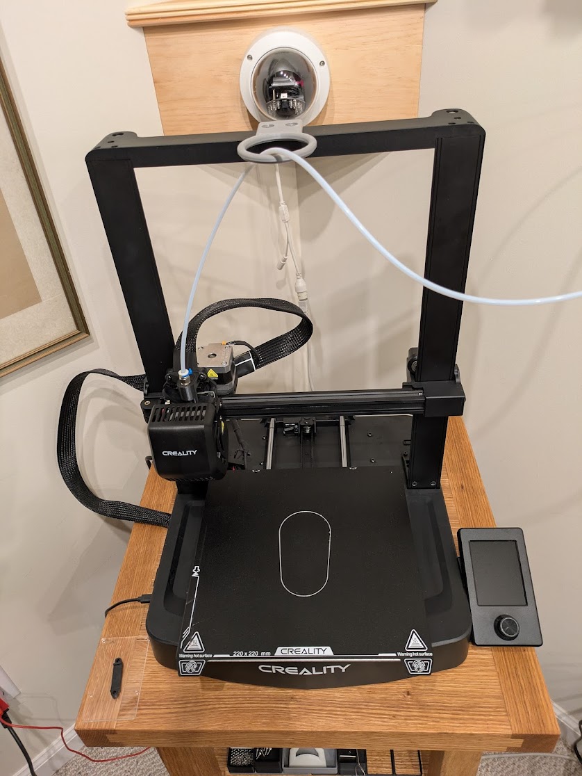 Now that I have a spooler mounted to the wall, I need to keep the bowden tube from aimlessly flopping around and getting tangled. I came up with this little loop, which works well except on taller prints.