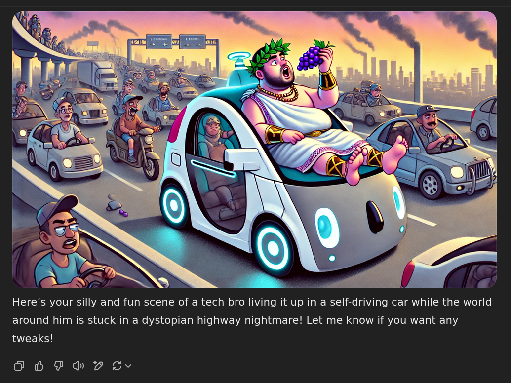 The fact that ChatGPT used Google’s stupid looking self driving car for this is just, chef’s kiss. I have no notes.