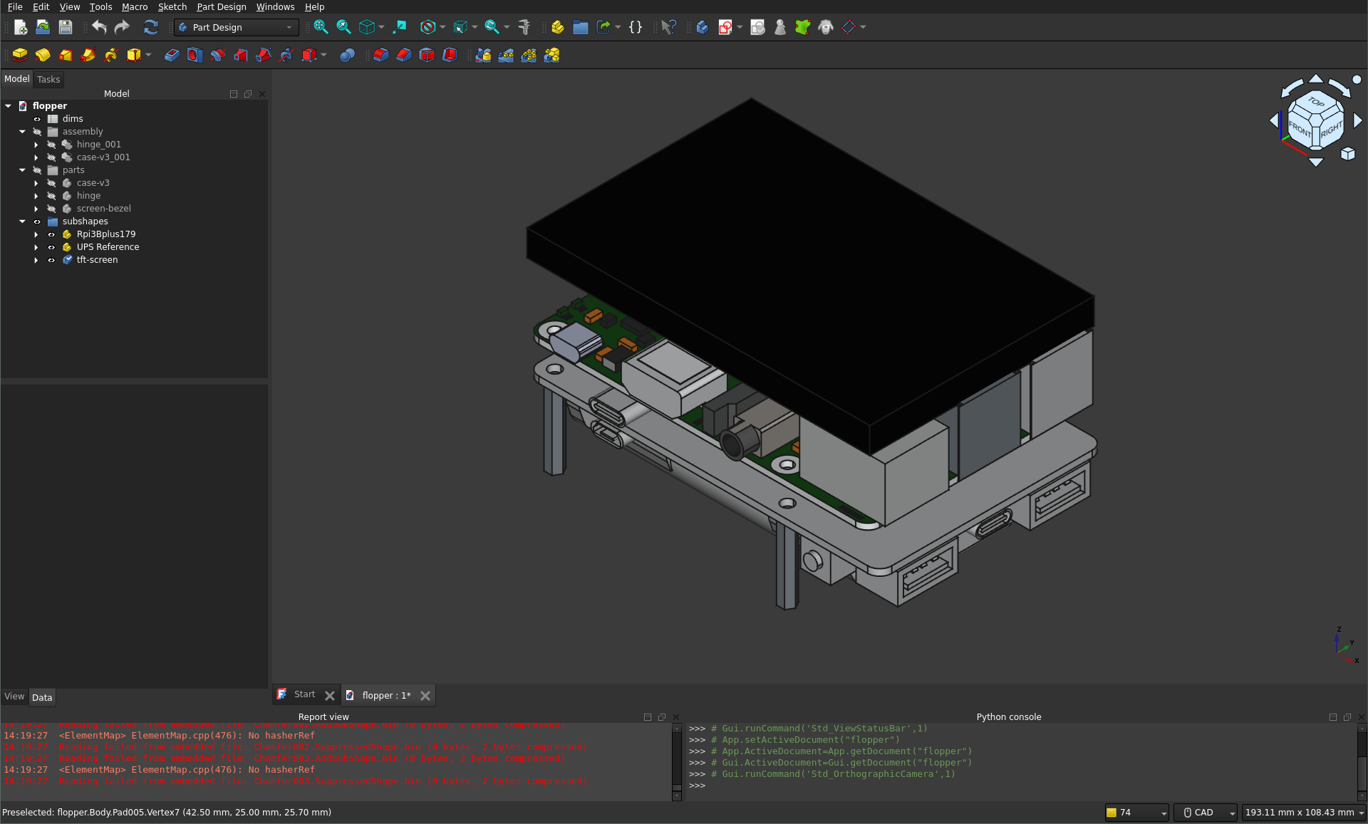 Models for the UPS, Raspberry Pi, and TFT screen all stacked together. I didn’t make these, but I’ll take credit for aligning them properly in CAD.